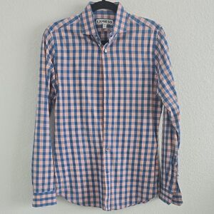 Express Men's Casual Blue and Pink Plaid Shirt